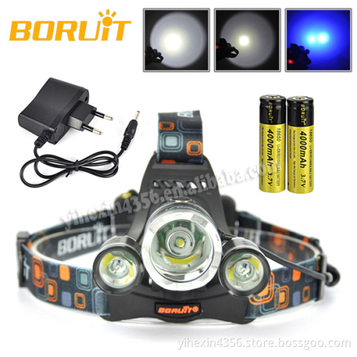 Headlamp for Fishing Blue Light Boruit T6+2XPE LED Headlight 3 Modes